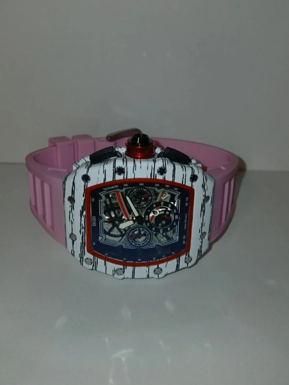 ​BiBi Sports Quartz Watch Chronograph Skeleton Face White Tonneau Pink Rubber